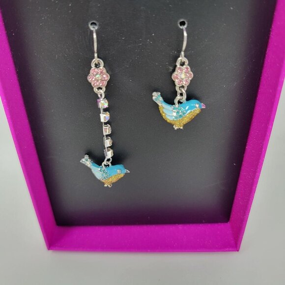 Betsey Johnson Blue Bird Crystal pink Flower short & long earrings - Picture 2 of 4